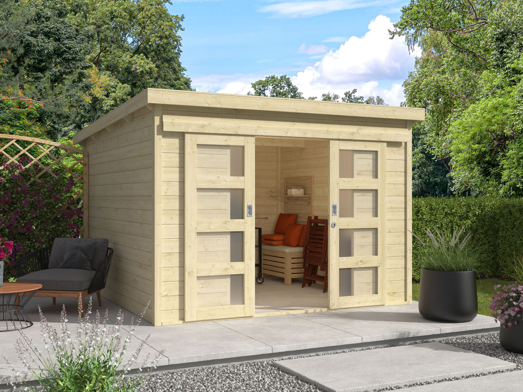 25% Rabatt ! Pultdach Gartenhütte Modell Ella 28-C mit Schiebetü 3x3m Unkategorisiert online kaufen