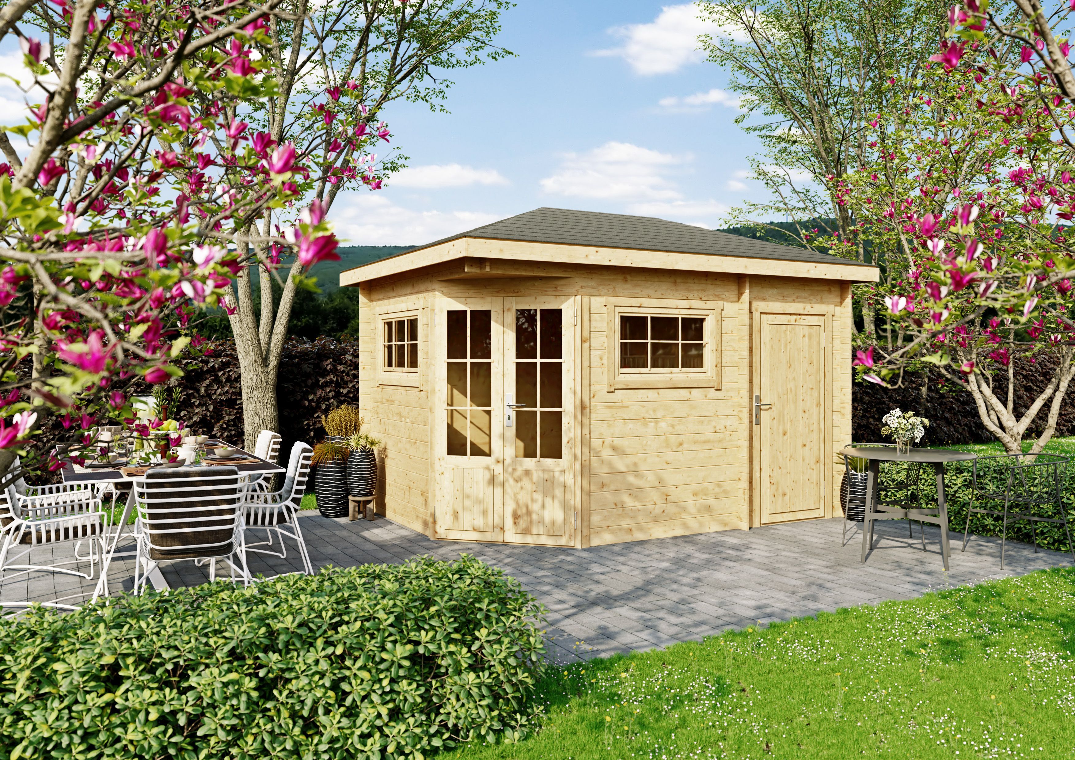26% Rabatt ! Fjordholz 5-Eck Gartenhütte Modell Evelyn 2D 4x4m Unkategorisiert online kaufen