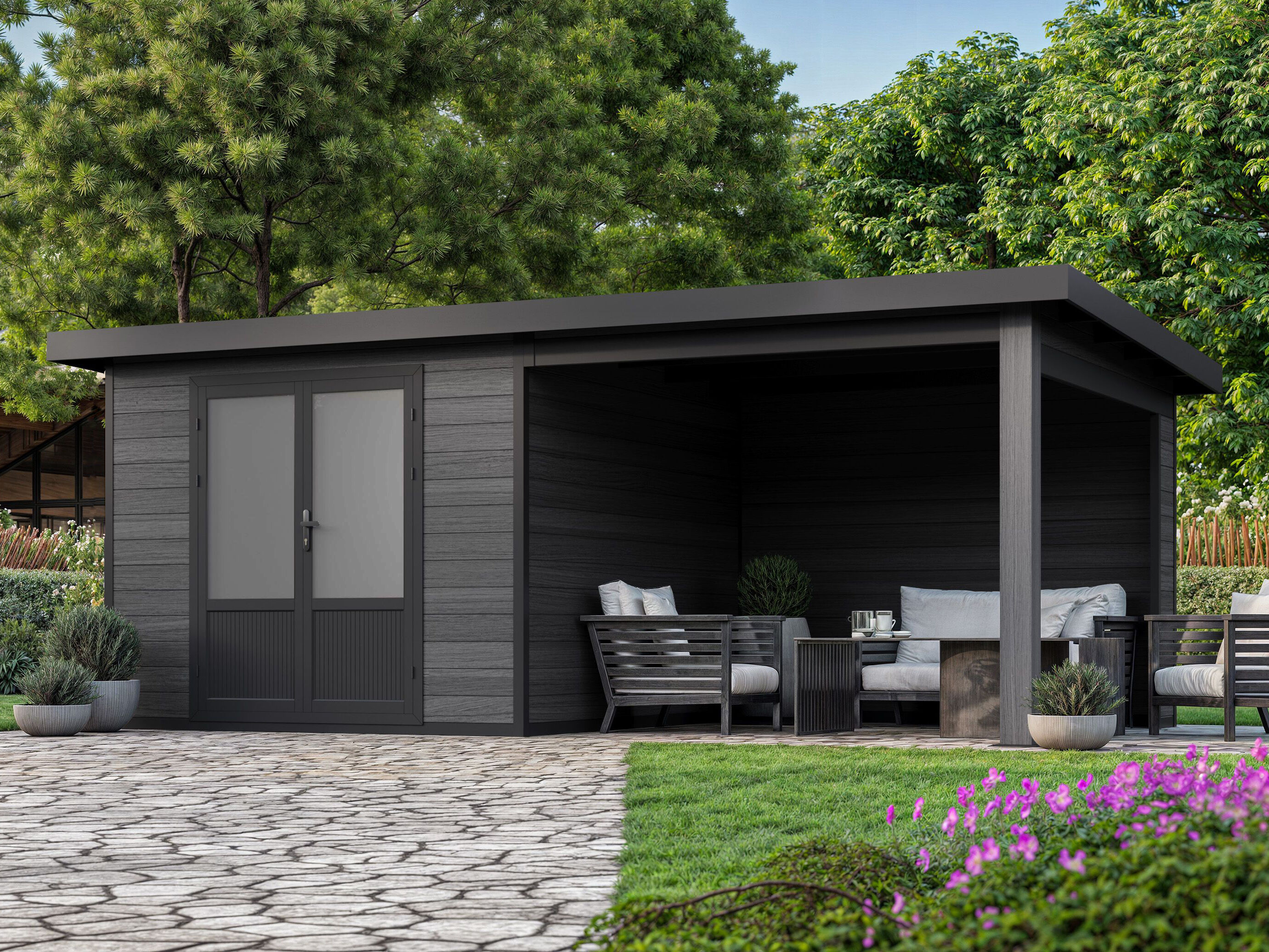 28% Rabatt ! WPC Gartenhaus mit Terrasse in Anthrazit - Modell Unkategorisiert Produktbild