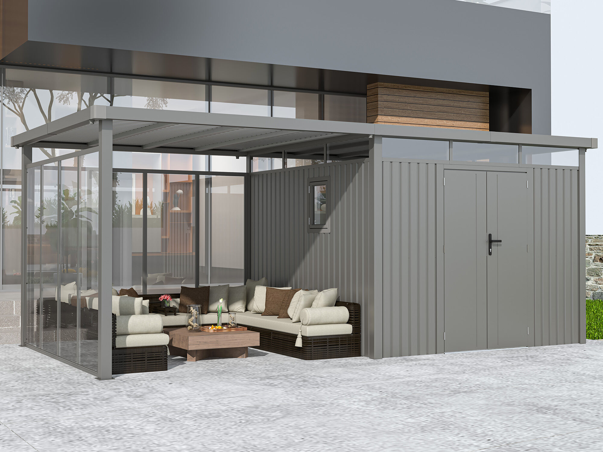 36% Rabatt ✓ 8 × 4 m | Metall Gerätehaus Style 7,56 m² Spar-Set-5 | Schleppdach | modern Unkategorisiert online kaufen
