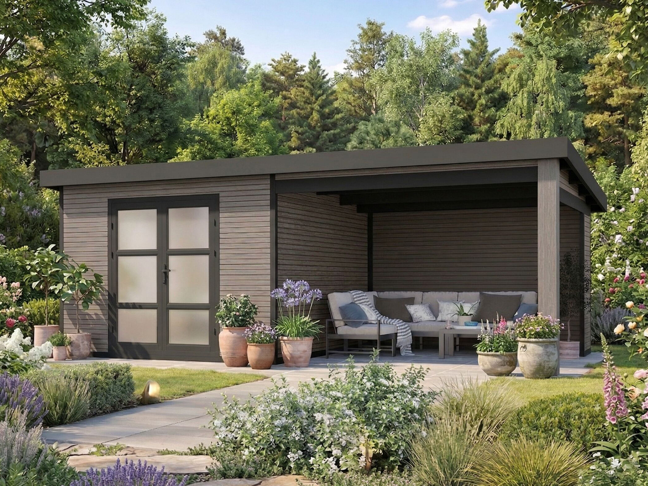 26% Rabatt ! WPC Gartenhaus mit Lounge Modell FineLine 16,90 m² online kaufen