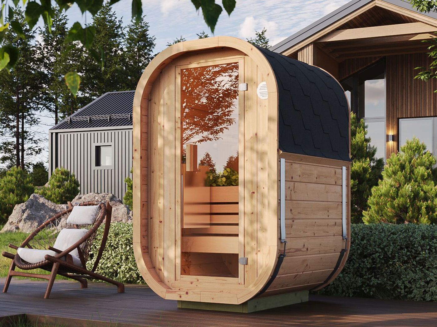 26% Rabatt ! Fjordholz Mini Fass-Sauna Modell Cubus-1 online kaufen