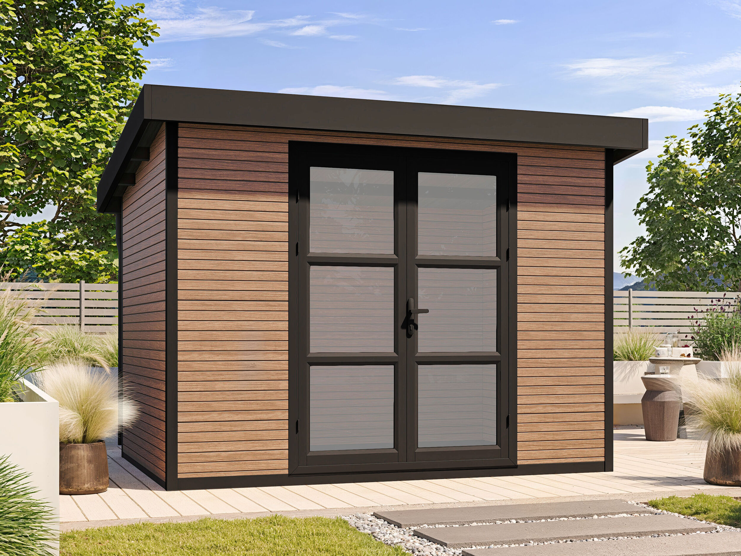 26% Rabatt ! WPC Gartenhaus Modell FineLine 8,4 m² Teak online kaufen