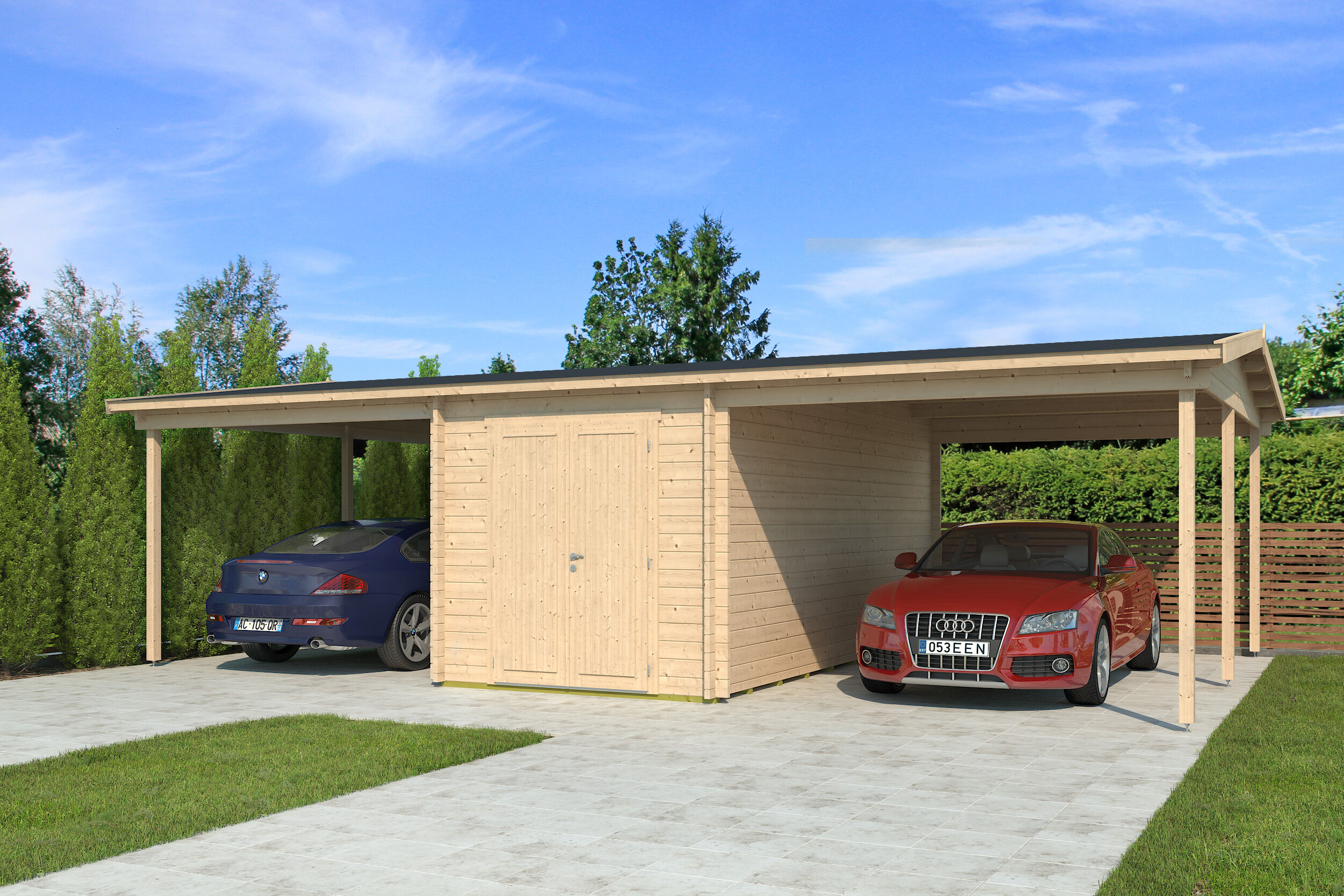 26% Rabatt ! Massiver Fjordholz Doppel-Carport mit Abstellraum online kaufen