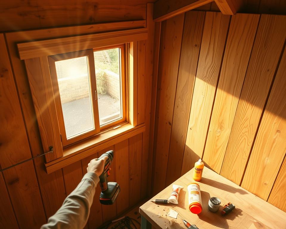 Fensterbank montieren im Gartenhaus Fensterbank montieren im Gartenhaus