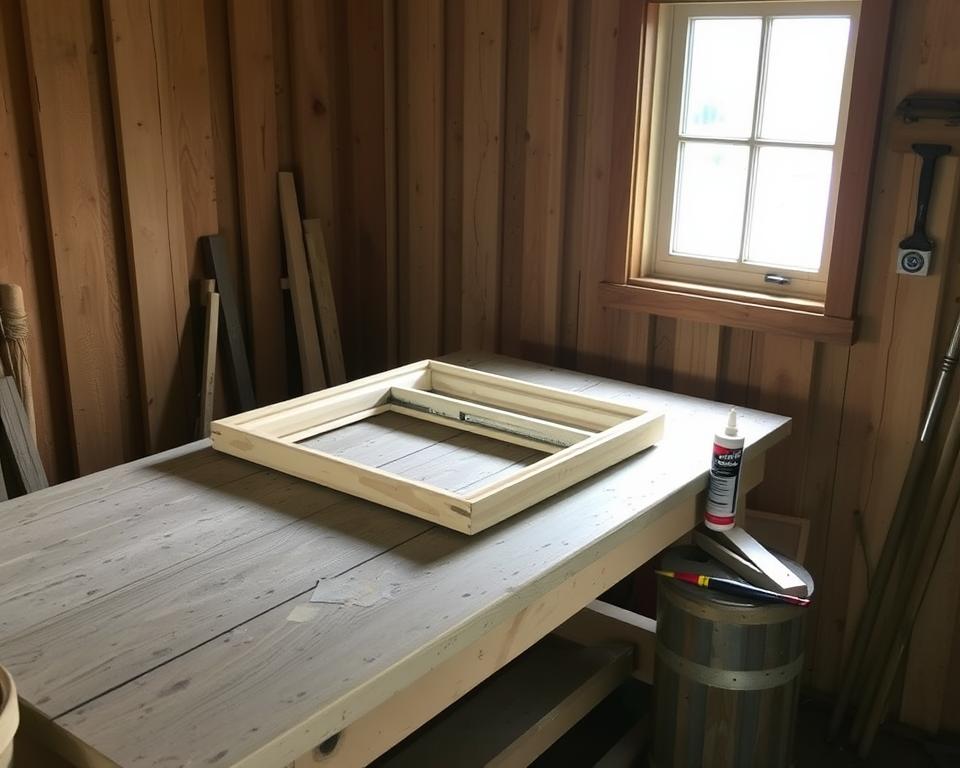 Fensterrahmen vorbereiten im Gartenhaus Fensterrahmen vorbereiten im Gartenhaus