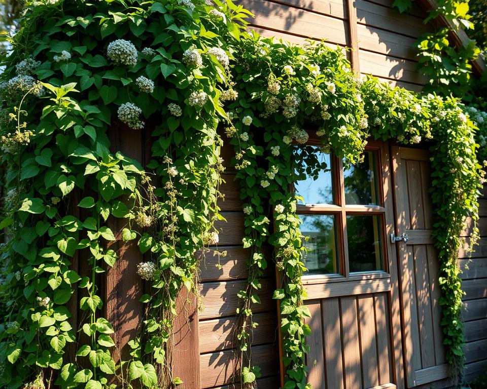 Kletterpflanzen am Holzgartenhaus