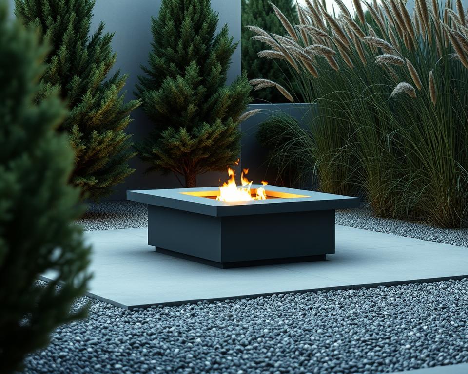 Minimalistische Feuerstelle im modernen Garten
