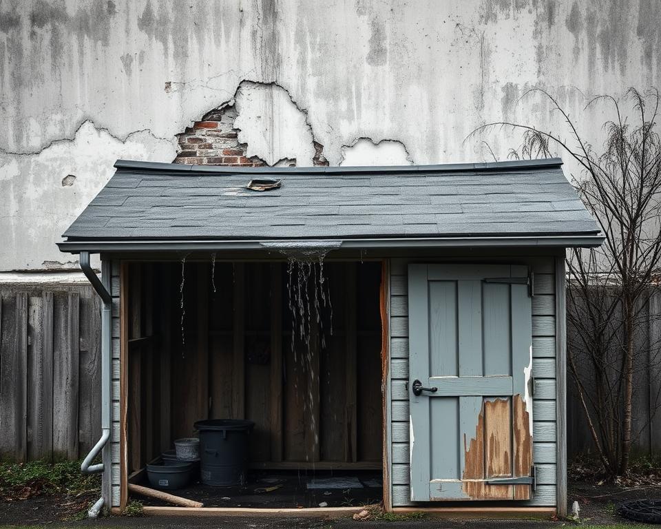 Schäden an Gartenhauswänden durch fehlende Dachrinne Schäden an Gartenhauswänden durch fehlende Dachrinne