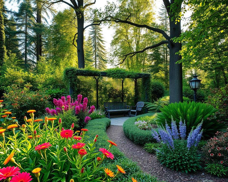 A beautiful landscape garden showcasing a diverse planting plan tailored to various light conditions—full sun, partial shade, and full shade. In the foreground, vibrant flowering plants and lush greenery thrive in the sunlight, creating a colorful burst. The middle ground features a charming seating area shaded by trees, with ferns and shade-loving plants surrounding it. In the background, tall trees create a canopy, with peaceful sunlight filtering through the leaves, casting gentle shadows on the ground. The scene captures a serene and inviting atmosphere, emphasized by soft, warm lighting reminiscent of a late afternoon. The lens captures a slightly elevated angle, providing a panoramic view of the harmonious blend of plants.