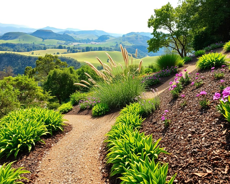 A beautiful, low-maintenance hillside garden, showcasing tiered levels of lush greenery. In the foreground, a winding, gravel path leads through vibrant clusters of native plants, thoughtfully spaced to allow for easy growth and aesthetic appeal. Mulch covers the soil, enhancing moisture retention and simplifying maintenance. In the middle, ornamental grasses sway gently, bordered by flower beds filled with drought-resistant blooms. The background features a soft-focus view of rolling hills under a bright, clear sky, creating a serene atmosphere. The image is illuminated by soft, natural light, evoking a warm, inviting mood. The angle should capture the depth of the garden, highlighting the harmonious design and tranquil ambiance of the space.