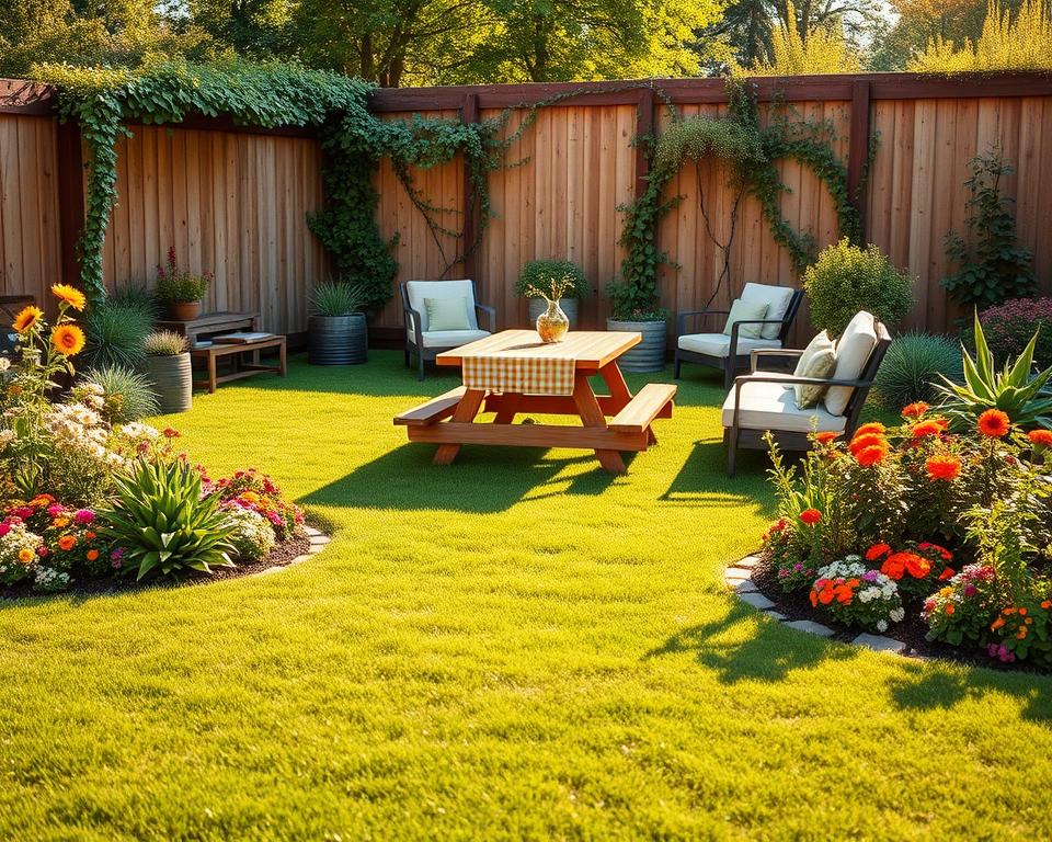 A beautifully designed family garden, featuring a lush green lawn as the foreground, adorned with colorful flower beds blooming with daisies, sunflowers, and marigolds. In the middle ground, a wooden picnic table set with a cheerful tablecloth, surrounded by comfortable seating areas featuring modern outdoor furniture. A variety of ornamental plants and native shrubs provide texture and interest. The background showcases a tall wooden fence with climbing vines, creating a sense of enclosure and privacy. The scene is illuminated by warm, golden sunlight, casting soft shadows for a serene atmosphere. The angle is slightly elevated, giving a comprehensive view of the garden layout, conveying a sense of tranquility and family togetherness. The image evokes a welcoming, harmonious environment ideal for family gatherings.