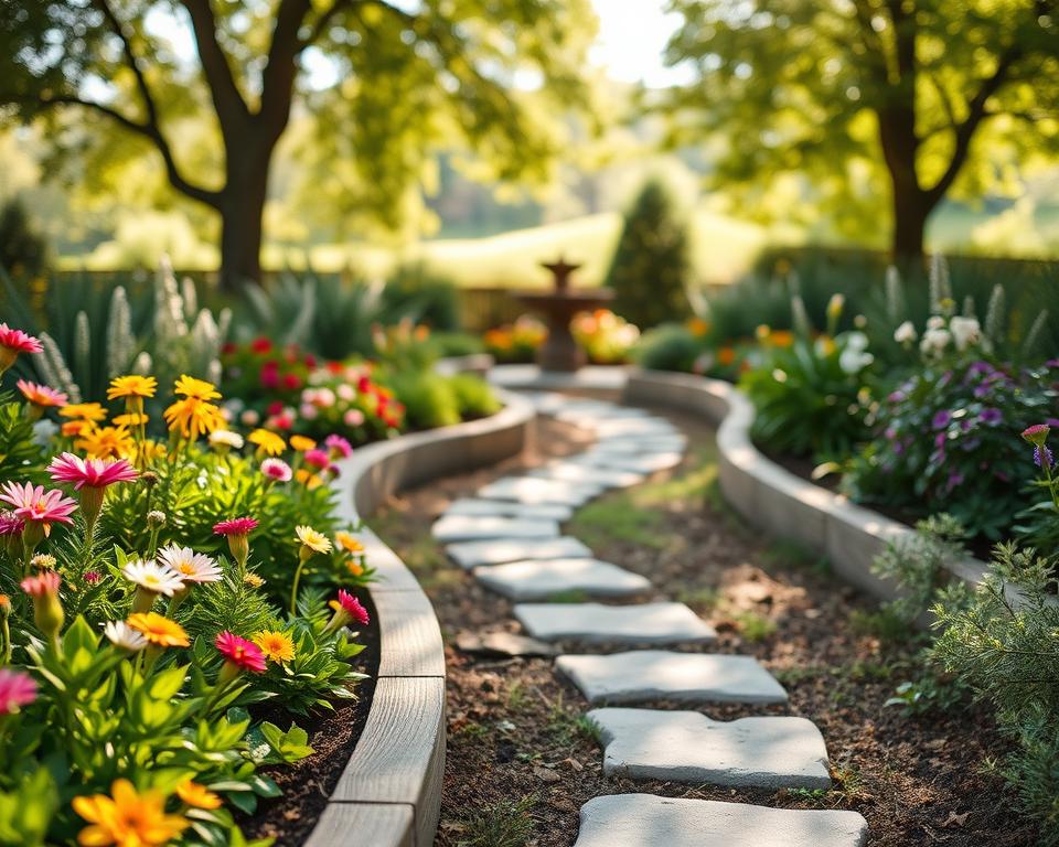 A beautifully designed garden border showcasing various types of "Beeteinfassung" like wooden, stone, and metal edging. In the foreground, vibrant flowers and lush green plants thrive along the neatly defined edges, creating a sense of order. The middle ground features a winding path made of natural stones that leads to a serene focal point, such as a small fountain or bench. In the background, soft sunlight filters through trees, casting gentle dappled light on the scene. The atmosphere is calm and inviting, evoking a sense of tranquility and organization in the garden. The overall mood is harmonious, highlighting the benefits of structured gardening solutions. The image has a shallow depth of field, focusing on the beautiful details of the borders and plant life, creating a picturesque and idyllic garden setting.