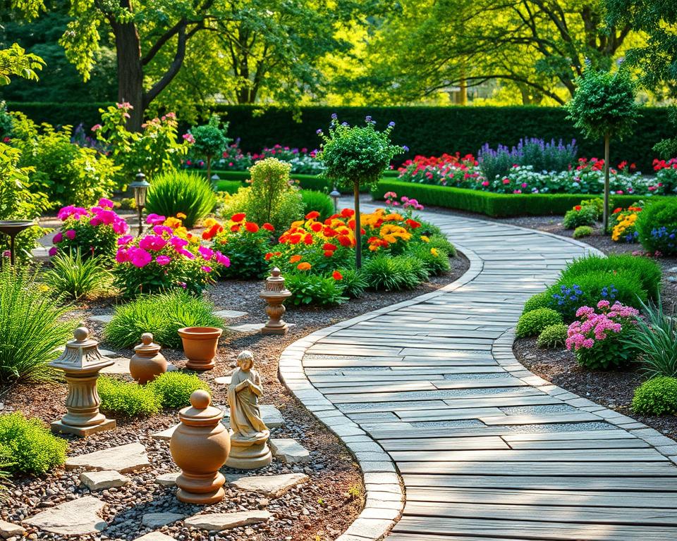 A beautifully designed garden path featuring various materials such as cobblestones, gravel, and wooden planks, winding through a lush garden filled with vibrant flowers and greenery. In the foreground, showcase a variety of decorative elements like small statues, garden lights, and planters. The middle ground showcases the path curving gently, lined with colorful flowering plants and neatly trimmed hedges. In the background, include soft sunlight filtering through the leaves of trees, creating a warm and inviting atmosphere. The scene captures the serenity of a mixed garden space, inviting viewers to explore and appreciate the thoughtful design. Utilize a shallow depth of field to emphasize the textures of the materials and the vibrant colors of the flora, enhancing the tranquil mood of the garden.