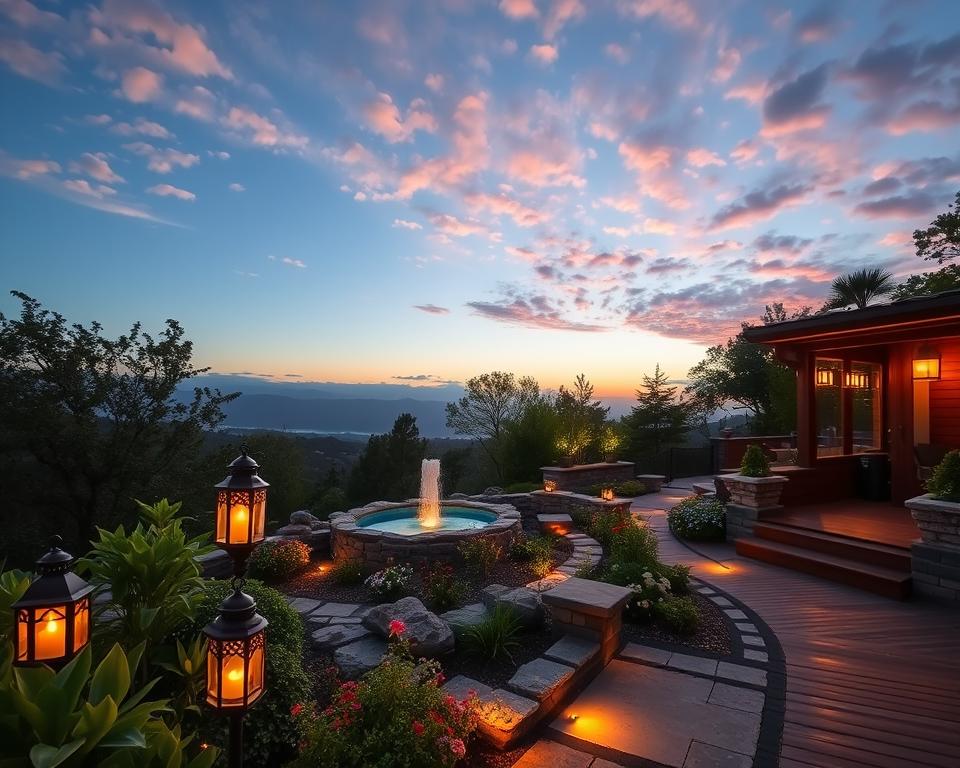 A beautifully designed hillside garden at dusk, showcasing elegant outdoor lighting that highlights the natural stone pathways and wooden deck. In the foreground, artisanal lanterns emit a warm, inviting glow, illuminating lush green plants and colorful flowers. The midground features a serene water feature, reflecting the subtle lights surrounding it. In the background, soft silhouettes of trees create a calming atmosphere under a twilight sky filled with delicate clouds. The overall mood is tranquil and enchanting, evoking the feeling of a hidden paradise. The scene is captured from a slightly elevated angle, emphasizing the layers of the garden while ensuring the focus remains on the harmonious blend of nature and light.
