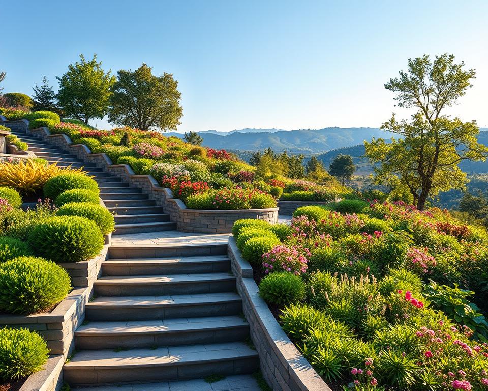 A beautifully designed hillside garden concept, showcasing a terraced layout featuring lush green plants, vibrant flowers, and carefully arranged pathways. In the foreground, include a well-defined stone staircase leading up through the levels, bordered by ornamental shrubs. The middle ground displays a variety of flowering plants and small trees, creating a sense of depth and color variety. In the background, a picturesque view of rolling hills under a clear blue sky. Soft, warm sunlight illuminates the scene, casting gentle shadows that enhance the textures of the plants and stonework. The mood is serene and inviting, perfect for a tranquil retreat in nature. Capture this with a slightly elevated angle to showcase the terracing effectively.
