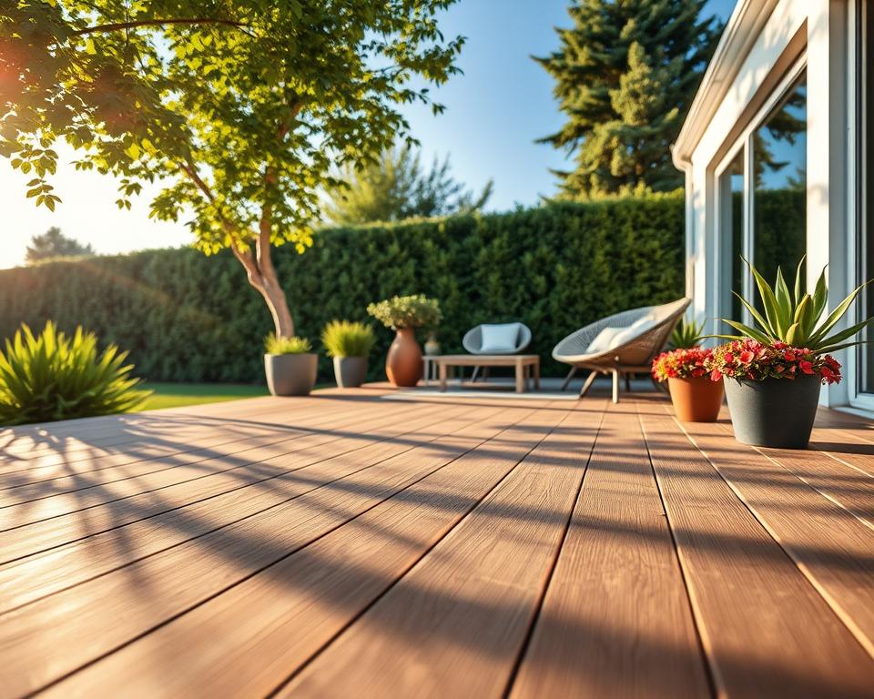 A beautifully designed low-maintenance terrace in a serene garden setting, featuring sleek, modern composite decking material that resembles natural wood but is resistant to decay. The foreground showcases the elegant texture of the terrace surface, illuminated by warm, soft sunlight filtering through lush greenery. In the middle ground, a comfortable seating area with minimalist outdoor furniture invites relaxation, surrounded by vibrant potted plants that require minimal upkeep. The background is filled with a neatly trimmed hedge and a clear blue sky, enhancing the tranquil atmosphere. Capture the mood of easy living and effortless luxury, with a focus on harmony between functionality and aesthetic appeal. Use a wide-angle lens perspective to emphasize the spaciousness and inviting nature of the space.