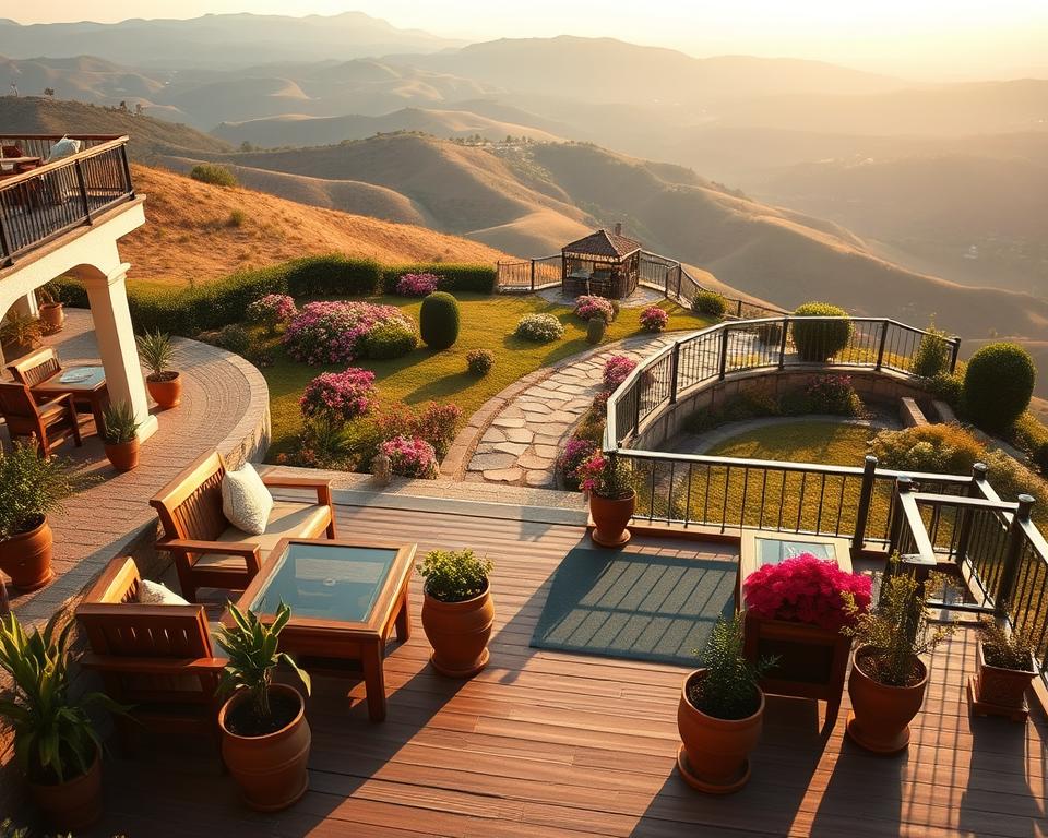 A beautifully designed terrace on a hillside, showcasing multiple levels and seating areas. In the foreground, elegant wooden furniture accompanied by vibrant potted plants, creating a warm and inviting atmosphere. The middle section features a stone path leading to different tiers, adorned with flowering shrubs and soft grass. The background reveals a stunning view of rolling hills, bathed in golden sunlight during the late afternoon, with soft shadows enhancing the textures of the landscape. The mood is serene and harmonious, providing a perfect escape for relaxation. The image should have soft, natural lighting and a slightly elevated angle to capture the layout and design elements clearly.