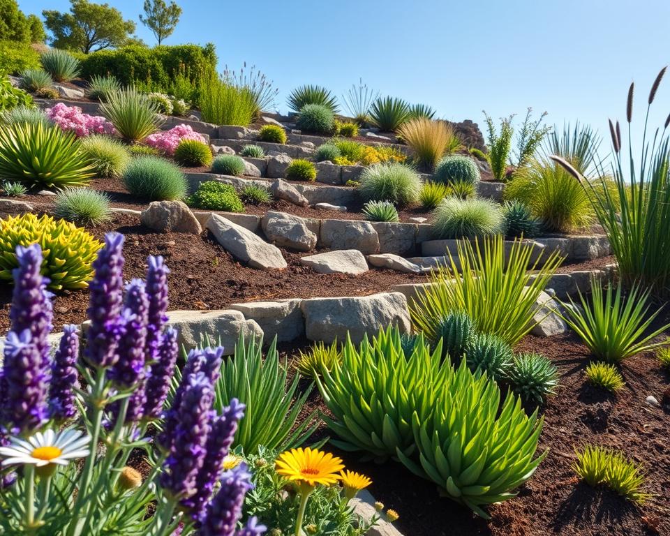 A beautifully designed terraced garden featuring a variety of robust and ornamental plants suitable for sloped landscapes. In the foreground, vibrant flowers like lavender and daisies bloom alongside sturdy succulents and ornamental grasses. The middle ground showcases terraced layers with strategically placed stones and rich, dark soil, enhancing the natural beauty of the plants. In the background, soft sunlight filters through a clear blue sky, casting gentle shadows that add depth to the scene. The overall mood conveys tranquility and harmony, inviting viewers to envision their own lush outdoor space. Use a slightly elevated angle to capture the garden's layout, emphasizing the plant diversity and structure without any text or distractions.