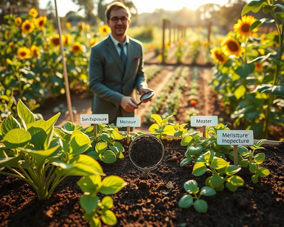 A beautifully landscaped garden showcasing a detailed site analysis for gardening, with a focus on sun exposure, soil quality, water accessibility, and microclimate evaluation. In the foreground, vibrant green plants and soil samples are arranged artistically, with sunlight casting soft shadows. In the middle ground, a gardener in smart casual attire examines a soil sample with a magnifying glass, surrounded by labeled sections indicating different sun and moisture areas. The background features a picturesque garden layout with sunflowers and vegetables reflecting a healthy ecosystem, bathed in warm, golden afternoon light. The overall atmosphere conveys a sense of calm and exploration, emphasizing the careful assessment of a thriving vegetable garden environment. A beautifully landscaped garden showcasing a detailed site analysis for gardening, with a focus on sun exposure, soil quality, water accessibility, and microclimate evaluation. In the foreground, vibrant green plants and soil samples are arranged artistically, with sunlight casting soft shadows. In the middle ground, a gardener in smart casual attire examines a soil sample with a magnifying glass, surrounded by labeled sections indicating different sun and moisture areas. The background features a picturesque garden layout with sunflowers and vegetables reflecting a healthy ecosystem, bathed in warm, golden afternoon light. The overall atmosphere conveys a sense of calm and exploration, emphasizing the careful assessment of a thriving vegetable garden environment.