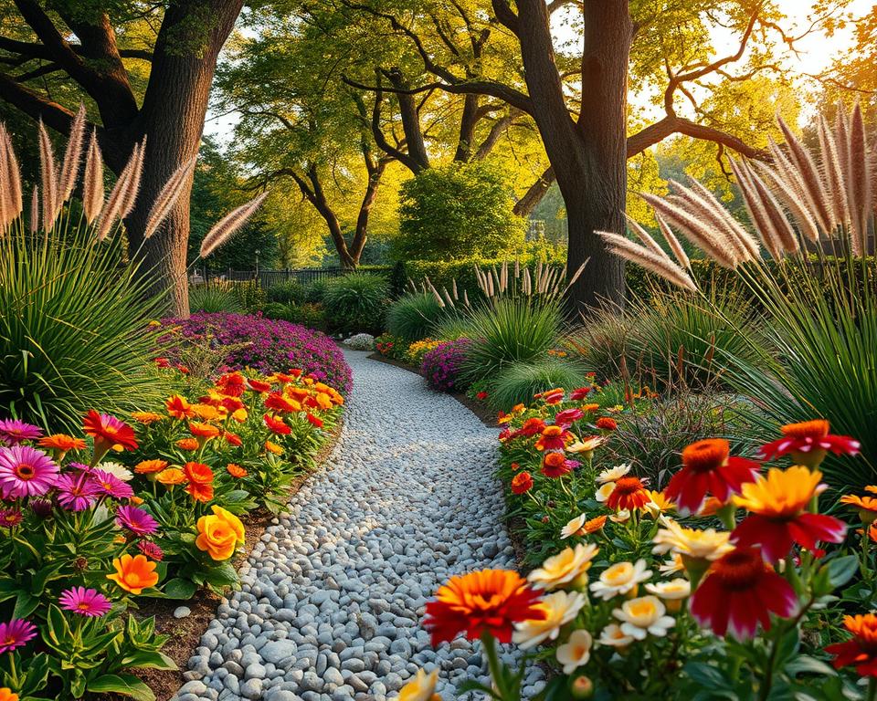 A beautifully landscaped garden showcasing a harmonious blend of textures. In the foreground, a variety of vibrant flowers with different petal shapes and colors create a lively tapestry. The middle ground features a softly flowing pathway made of smooth pebbles, bordered by lush green foliage and ornamental grasses that sway gently in the breeze. In the background, tall trees with thick trunks and vibrant leaves provide depth and contrast, their canopies filtering warm sunlight. The scene is illuminated by soft, golden hour light, enhancing the rich colors and intricate details of each element. This inviting garden atmosphere evokes a sense of tranquility and inspiration for garden design enthusiasts.