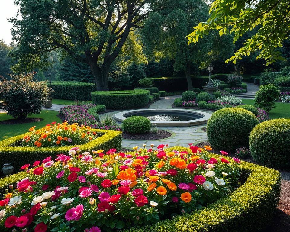 A beautifully landscaped garden showcasing a harmonious design concept. In the foreground, a meticulously arranged flower bed bursts with vibrant blooms of various colors, surrounded by neatly trimmed hedges. The middle ground features a charming stone pathway winding through lush greenery, guiding the viewer’s eye towards a serene water feature with gentle ripples. In the background, elegant trees provide dappled sunlight, enhancing the tranquil atmosphere of the scene. Soft, warm lighting creates a magical ambiance, emphasizing the garden’s textures and colors. An atmospheric perspective captures the essence of a peaceful retreat, inviting viewers to explore and appreciate the careful planning and cohesive style that harmonizes nature and design.