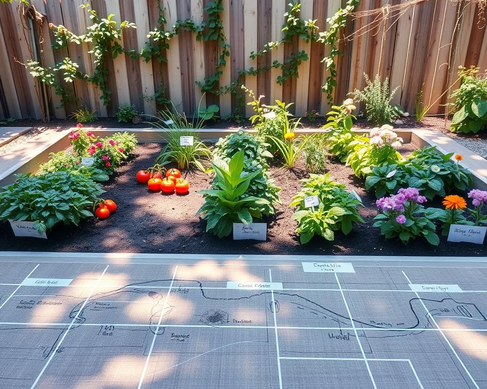 A beautifully organized garden bed design layout, showcasing a systematic plan for plant arrangement. In the foreground, intricate lines demarcate different planting areas, with labels for vegetables and flowers. The middle ground features lush, colorful plants like tomatoes, herbs, and blooming flowers, arranged in a visually appealing pattern. Sunlight filters through the leaves, creating dappled light effects on the soil. The background reveals a serene garden scene with a wooden fence and climbing plants, suggesting a peaceful atmosphere. Capture this from a slightly elevated angle, providing an overview of the garden bed while maintaining focus on the vibrant colors and textures. The mood is one of creativity and harmony with nature, inviting readers to envision their dream garden.