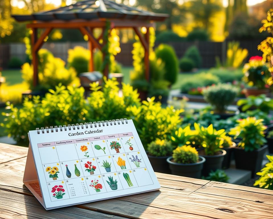 A beautifully organized garden calendar for low-maintenance gardening, elegantly displayed. In the foreground, a colorful, illustrated planner rests on a rustic wooden garden table, featuring seasonal planting and care tips with vivid graphics of flowers and vegetables. In the middle, lush green plants and shrubs symbolize different seasons, showcasing their growth stages. The background features a serene garden landscape under soft, golden sunlight, with a cozy pergola and neatly arranged flower beds. Use a warm, inviting atmosphere with light filtering through trees, casting playful shadows. The scene captures a sense of harmony and ease, ideal for anyone looking to manage a simple yet thriving garden throughout the year. Emphasize clarity and detail in the visuals, focusing on a tranquil, productive gardening experience.