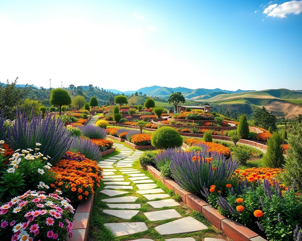 A beautifully terraced garden on a hillside, showcasing a variety of plants and flowers in vibrant colors. In the foreground, a stone pathway leads through well-maintained flower beds bursting with blooms like daisies, marigolds, and lavender. The middle ground features multiple layers of lush greenery, including small trees and ornamental shrubs, creating a sense of depth and dimension. In the background, rolling hills under a clear blue sky with soft, diffuse sunlight illuminating the scene, providing a warm and inviting atmosphere. The angle captures the terraced layers from a slightly elevated viewpoint, emphasizing the uniqueness of the landscape design. The mood is tranquil and harmonious, ideal for inspiring readers about hillside gardening concepts.