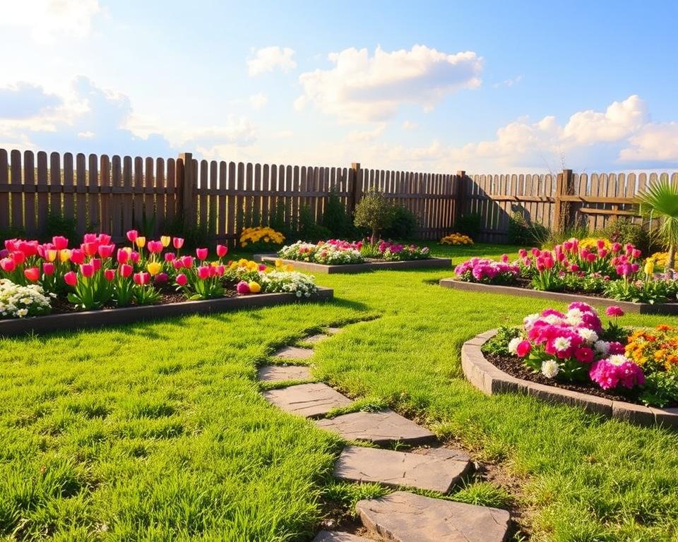 A charming small garden scene featuring well-organized flower beds filled with vibrant blossoms, neatly arranged in geometrical patterns. In the foreground, include a stone pathway winding gently through the garden, bordered by lush green grass. In the middle ground, show various flowerbeds with colorful plants like tulips and daisies, contrasting against a backdrop of low wooden fencing. The background should have a clear blue sky with soft, fluffy clouds, hinting at a serene afternoon. The lighting is warm and natural, casting soft shadows that create a peaceful ambience. Ensure the composition emphasizes tidiness and the harmonious layout of the garden, conveying a sense of tranquility and order.