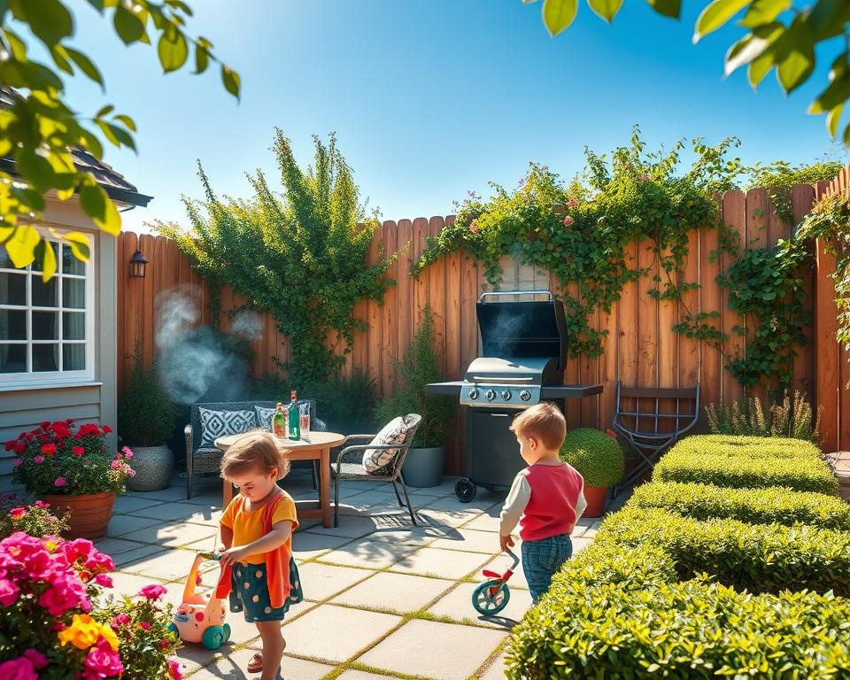 A cozy Reihenhausgarten designed for family enjoyment, featuring a small patio with stylish outdoor furniture, surrounded by vibrant flower beds and neatly trimmed hedges. In the foreground, children can be seen playing with toys, dressed in colorful, modest casual clothing, while in the middle ground, a barbecue grill smokes gently, inviting family gatherings. The background includes a charming wooden fence adorned with climbing plants, under a clear blue sky enhancing the serene atmosphere. Soft, warm sunlight filters through the leaves, casting playful shadows and creating an inviting, cheerful mood. The image uses a close-up shot that captures both the garden's beauty and the joy of a family-friendly space, emphasizing a sense of community and comfort.