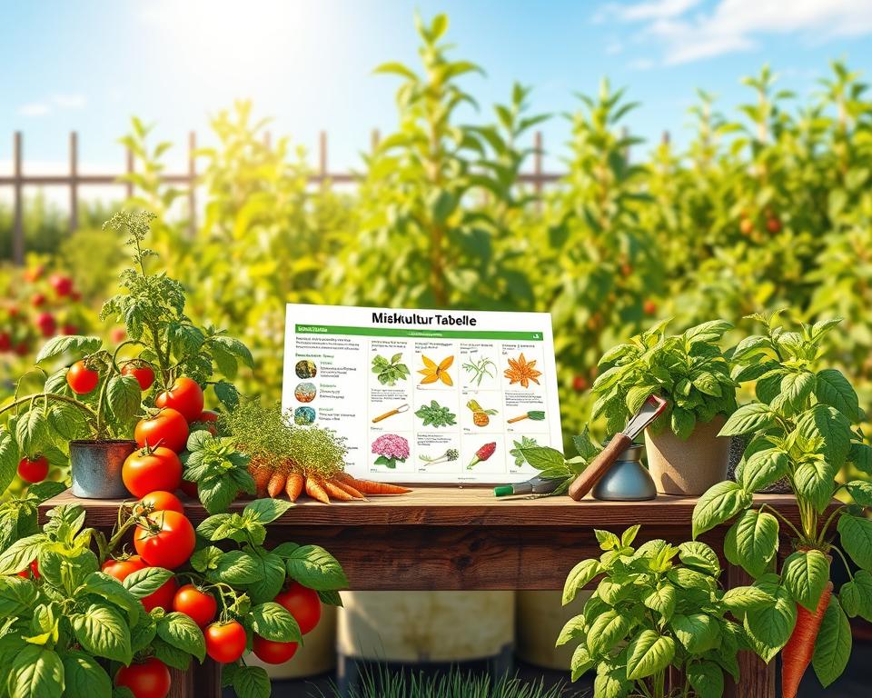 A detailed and vibrant illustration of a "Mischkultur Tabelle," showcasing a variety of companion plants intermingled in a flourishing vegetable garden. In the foreground, emphasize lush, green plants like tomatoes, carrots, and basil growing together, demonstrating healthy interaction. In the middle ground, depict a rustic wooden table displaying an open information chart with colorful visual representations of plant benefits and growth patterns, surrounded by garden tools. The background features a sunlit garden with a blue sky, softly blurred to keep the focus on the table. Use natural lighting to create a warm, inviting atmosphere. The image should convey harmony, sustainability, and the beauty of organic gardening practices, all in a realistic style. A detailed and vibrant illustration of a "Mischkultur Tabelle," showcasing a variety of companion plants intermingled in a flourishing vegetable garden. In the foreground, emphasize lush, green plants like tomatoes, carrots, and basil growing together, demonstrating healthy interaction. In the middle ground, depict a rustic wooden table displaying an open information chart with colorful visual representations of plant benefits and growth patterns, surrounded by garden tools. The background features a sunlit garden with a blue sky, softly blurred to keep the focus on the table. Use natural lighting to create a warm, inviting atmosphere. The image should convey harmony, sustainability, and the beauty of organic gardening practices, all in a realistic style.