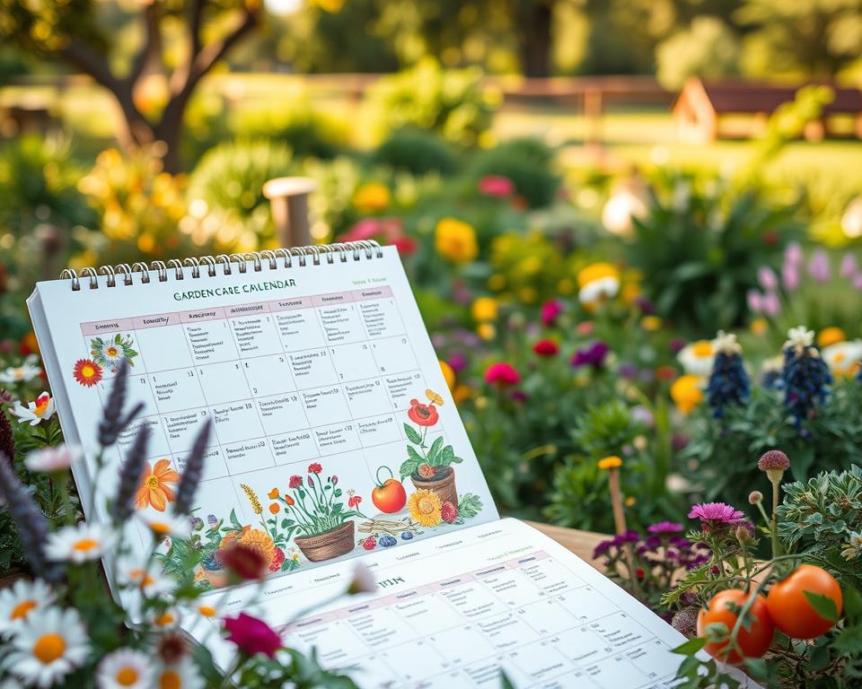 A detailed, beautifully illustrated garden care calendar depicting a vibrant mix of flowers, vegetables, and herbs throughout the seasons. In the foreground, a well-organized planner with monthly sections showing seasonal gardening tasks and care tips, surrounded by a variety of blooming plants like daisies, lavender, and tomatoes. In the middle ground, a lush garden scene features a diverse set of plants, including a berry bush and colorful perennials, reflecting the transition through spring, summer, autumn, and winter. The background showcases a serene garden landscape with soft, warm sunlight filtering through trees, casting gentle shadows. The atmosphere is inviting and nurturing, emphasizing the joy of gardening year-round, captured with a soft-focus lens to enhance the beauty and colors of the plants while maintaining a natural, harmonious feeling.