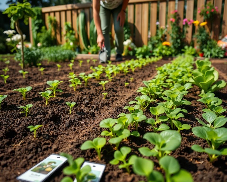 A flourishing vegetable garden at the moment of direct sowing, showcasing neat rows of freshly planted seeds in rich, dark soil. In the foreground, vibrant green seedlings sprout alongside tiny seed packets and gardening tools like a trowel. The middle ground features a gardener in modest casual clothing, gently patting down the soil with focused determination. A variety of lush plants, such as carrots, radishes, and lettuce, are strategically spaced to demonstrate proper planting distances. The background displays a wooden fence and blooming flowers under a warm afternoon sun, casting soft shadows that create a serene, inviting atmosphere. The image is captured from a slightly elevated angle with natural lighting that enhances the freshness of the garden scene. A flourishing vegetable garden at the moment of direct sowing, showcasing neat rows of freshly planted seeds in rich, dark soil. In the foreground, vibrant green seedlings sprout alongside tiny seed packets and gardening tools like a trowel. The middle ground features a gardener in modest casual clothing, gently patting down the soil with focused determination. A variety of lush plants, such as carrots, radishes, and lettuce, are strategically spaced to demonstrate proper planting distances. The background displays a wooden fence and blooming flowers under a warm afternoon sun, casting soft shadows that create a serene, inviting atmosphere. The image is captured from a slightly elevated angle with natural lighting that enhances the freshness of the garden scene.