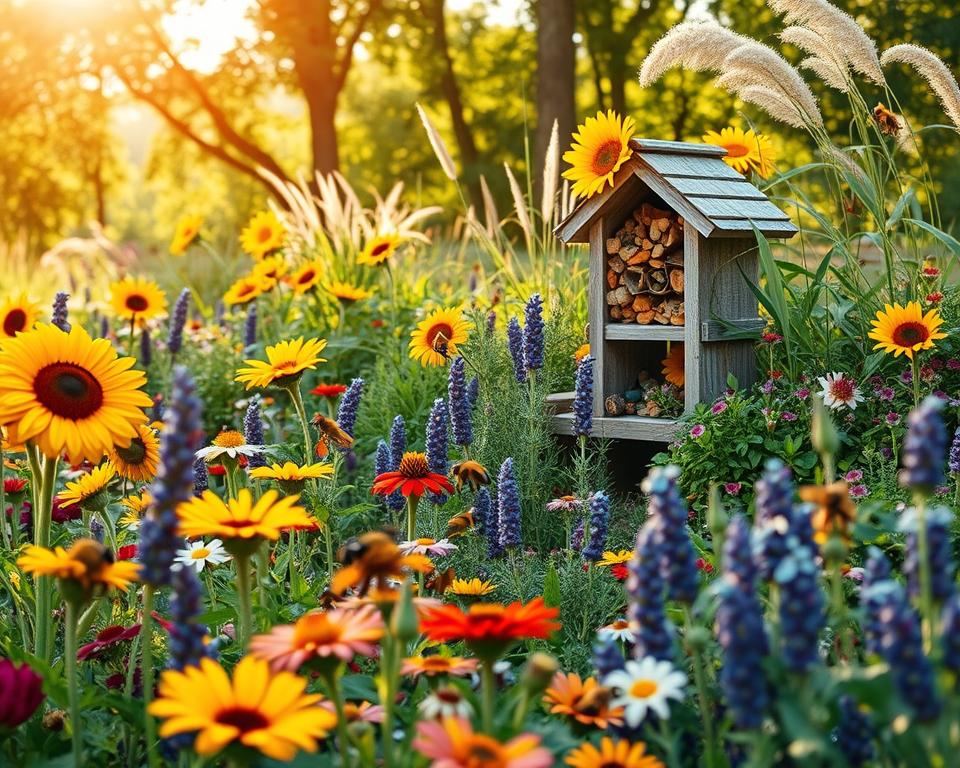 A lush, natural garden teeming with vibrant plants and flowers, designed to attract pollinators and beneficial insects. In the foreground, colorful blooming flowers such as sunflowers, lavender, and daisies create a rich tapestry of colors, with buzzing bees and fluttering butterflies. The middle ground features a small, whimsical insect hotel made of wood and natural materials, surrounded by diverse foliage and native grasses providing shelter. In the background, a soft-focus view of trees casts dappled sunlight on the garden, enhancing the serene, inviting atmosphere. The lighting should be warm and golden, reminiscent of late afternoon sun, with a shallow depth of field to highlight the garden's beauty. Envision a peaceful, vibrant scene that evokes a sense of harmony with nature.