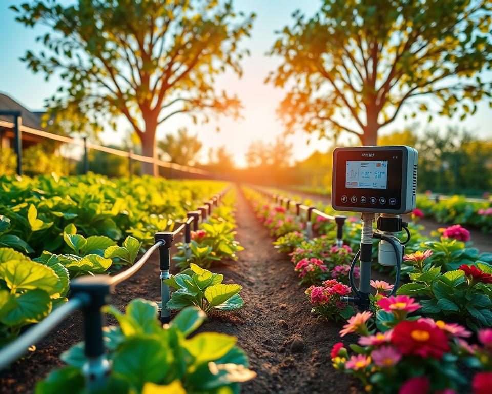 A modern, automated garden irrigation system in action, with a visually appealing layout showcasing lush greenery and vibrant flower beds. In the foreground, intricate drip irrigation hoses are winding through neatly arranged rows of vegetables and flowers, highlighting efficient water distribution. The middle ground features a smart irrigation controller with an intuitive interface and moisture sensors positioned among healthy plants. In the background, a serene garden scene with gently swaying trees and a clear blue sky bathed in warm sunlight creates an inviting atmosphere. The soft focus adds a dreamy quality, emphasizing the harmony between technology and nature in smart garden maintenance. The image should convey a sense of tranquility and innovation.