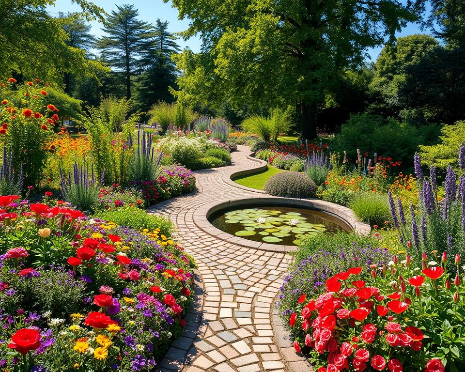 A picturesque garden design showcasing a "Mixgarten" in full bloom. In the foreground, colorful flower beds filled with a variety of perennials, annuals, and herbs create a vibrant tapestry of colors and textures. The middle ground features a quaint winding path made of cobblestones leading to a small pond adorned with water lilies and surrounded by lush greenery. In the background, tall trees provide dappled sunlight while a bright blue sky enhances the cheerful atmosphere. Soft, natural lighting highlights the vivid colors of the plants, creating a warm and inviting scene, captured from a slightly elevated angle to provide depth and perspective. The overall mood is serene and idyllic, embodying the essence of a dream garden.
