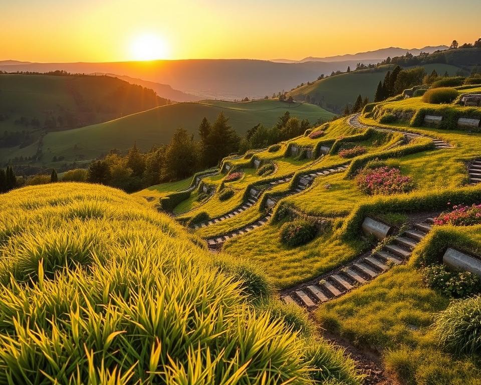 A picturesque landscape depicting a "Drainage Hanggarten" designed for effective erosion control. In the foreground, soft, lush greenery grows along a gently sloping hillside, interspersed with strategically placed stone drains. The middle ground features well-defined terraces with vibrant flowers and native plants, showcasing a variety of textures and colors. In the background, the sun sets behind rolling hills, casting a warm golden hue and long shadows that highlight the contours of the terrain. Soft, natural lighting creates a tranquil atmosphere, ideal for a serene garden retreat. The viewpoint is slightly elevated, providing a panoramic view of the drainage systems integrated harmoniously into the landscape, emphasizing sustainability and beauty without any text or distractions in the image.