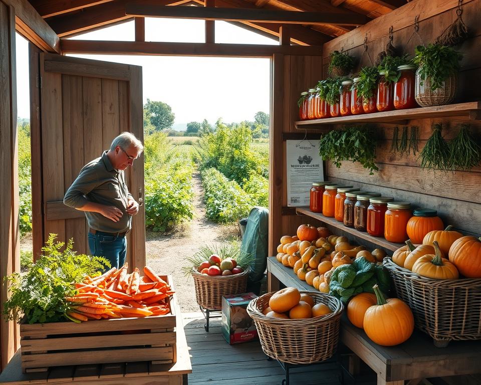A rustic wooden storage shed filled with an abundance of freshly harvested vegetables, such as carrots, potatoes, and pumpkins, neatly arranged in baskets on a sturdy workbench in the foreground. To the left, a gardener in modest casual clothing inspects a vegetable crate, sunlight filtering through the open door, creating warm, inviting shadows. In the middle, shelves are adorned with jars of home-canned tomatoes and herbs drying in bunches, reflecting a sense of sustainability and abundance. The background shows a lush garden filled with greenery, indicating a thriving vegetable plot, under a bright blue sky. The overall mood is one of productivity and warmth, conveying the essence of managing and preserving a bountiful harvest. A rustic wooden storage shed filled with an abundance of freshly harvested vegetables, such as carrots, potatoes, and pumpkins, neatly arranged in baskets on a sturdy workbench in the foreground. To the left, a gardener in modest casual clothing inspects a vegetable crate, sunlight filtering through the open door, creating warm, inviting shadows. In the middle, shelves are adorned with jars of home-canned tomatoes and herbs drying in bunches, reflecting a sense of sustainability and abundance. The background shows a lush garden filled with greenery, indicating a thriving vegetable plot, under a bright blue sky. The overall mood is one of productivity and warmth, conveying the essence of managing and preserving a bountiful harvest.