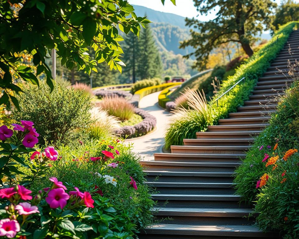 A scenic garden staircase (Gartentreppe) gracefully ascending through a lush hillside (Hang), surrounded by vibrant flowers and verdant foliage. In the foreground, the detailed wooden steps are lined with flowering plants, while gentle sunlight filters through the leaves, casting dappled shadows. In the middle ground, a gently curving path leads the eye upwards, bordered by colorful bushes and ornamental grasses. In the background, a soft-focus view of the hillside offers a serene vista of trees and a clear blue sky. The overall mood is tranquil and inviting, capturing the essence of a well-designed hillside garden that enhances accessibility and comfort. The image conveys a sense of harmony between nature and thoughtful landscape design, using warm, natural lighting to evoke a peaceful atmosphere.