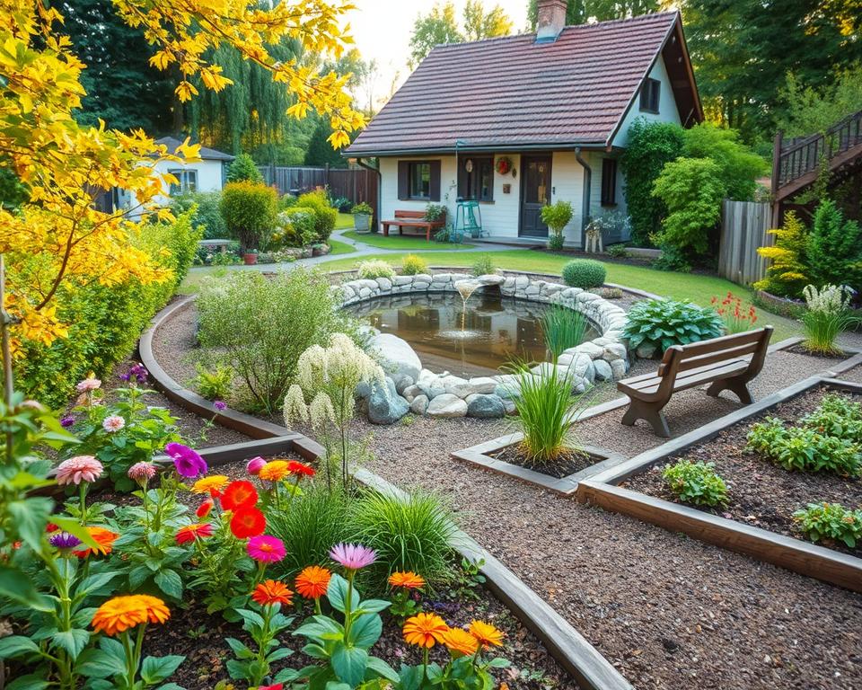 A serene "Kosten Hanggarten" scene set in a beautifully landscaped backyard in Germany. In the foreground, a well-maintained garden featuring a variety of vibrant flowering plants, neatly arranged vegetable patches, and a small wooden bench. In the middle ground, a tranquil water feature gently flows, surrounded by lush greenery and ornamental stones. The background showcases a charming, traditional German house with a sloping roof, modestly contrasting with the vibrant landscape. Soft, late afternoon sunlight casts a warm glow over the scene, enhancing the harmonious atmosphere. A panoramic view captured with a wide-angle lens to emphasize the spaciousness and creativity of the garden design, inviting and serene, perfect for illustrating thoughtful planning in garden creation.
