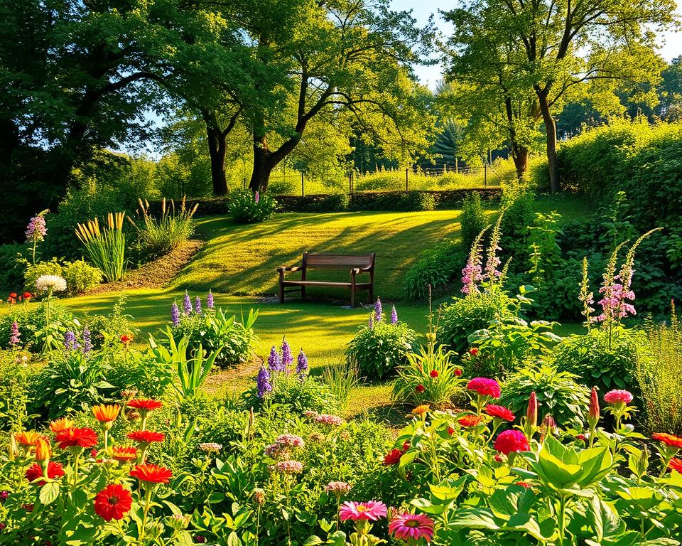 A serene Mikroklima Garten scene, showcasing a lush, thriving garden in the foreground with a diverse array of plants, including colorful flowers, hardy shrubs, and edible vegetables. In the middle ground, a gentle slope leads to a small, sun-drenched seating area surrounded by greenery, with a warm, inviting wooden bench. The background features a mix of deciduous and evergreen trees providing dappled shade, casting soft shadows on the ground. The soft, golden light of late afternoon enhances the vibrant colors of the plants, creating a peaceful and harmonious atmosphere. The scene should have a wide-angle view to capture the garden’s layout, emphasizing the balance between sunlight and shade. The overall mood is tranquil and welcoming, perfect for a low-maintenance garden.
