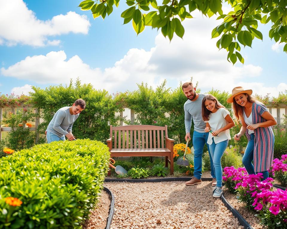 A serene family garden designed for easy maintenance, showcasing vibrant flower beds and modern landscaping techniques. In the foreground, a diverse family of four, dressed in casual yet modest attire, is tending to the garden with smiles on their faces, using ergonomic garden tools. In the middle, lush green shrubs and colorful blooms frame a neat gravel path leading to a charming wooden bench. The background features a bright blue sky with soft, fluffy clouds, sunlight filtering through the leaves, creating a warm and inviting atmosphere. Capture this scene from a slightly elevated angle, emphasizing both the family’s interaction with the garden and the thoughtful design elements. Aim for a cheerful and calming mood, reflecting the joys of low-maintenance gardening in a family setting.