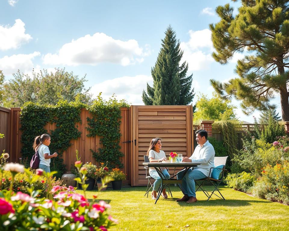 A serene family garden scene depicting a diverse family enjoying their outdoor space, centered around a stylish garden privacy screen made of wood and greenery. In the foreground, a mother and father are seated at a garden table, both dressed in modest casual clothing, laughing and sharing a moment with their children, who are playing nearby. The middle ground features lush flowers and a well-maintained lawn, with a tasteful wooden garden fence partially covered with climbing plants, enhancing the sense of privacy. In the background, tall trees provide shade, under a bright blue sky with soft, fluffy clouds. The lighting is warm and inviting, creating a peaceful atmosphere, captured from a slightly elevated angle to include all elements harmoniously.