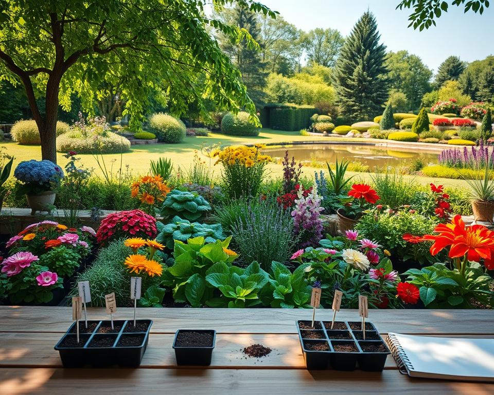 A serene garden analysis scene showcasing a vibrant mix garden, meticulously designed to represent various plant species. In the foreground, a wooden table with soil samples in small containers, plant labels, and a garden planner notebook spread out. The middle ground features a diverse array of flowering plants and vegetables, their colors rich and inviting, arranged thoughtfully to highlight companion planting. In the background, a lush green landscape with a mix of tall trees, shrubs, and an inviting small pond reflecting the clear blue sky. Soft, warm sunlight filters through the leaves, creating dappled shadows, while a gentle breeze rustles the plants, evoking a sense of tranquility and harmony with nature. The overall atmosphere is peaceful and inspiring, perfect for understanding the elements of a successful garden.