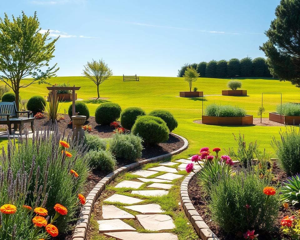A serene garden landscape showcasing an organized, low-maintenance garden design. In the foreground, there's a neatly arranged flower bed with colorful, hardy plants like lavender and marigolds, alongside a stone pathway leading through the garden. The middle ground features strategically placed shrubs, a small decorative bench, and raised vegetable beds with easy-to-maintain herbs. The background reveals a gently sloping lawn with a few ornamental trees under a bright blue sky, illuminated by soft, natural sunlight that casts gentle shadows. The overall mood is tranquil and inviting, embodying the essence of a well-structured, care-free garden. The image should evoke a sense of peace and simplicity, perfect for inspiring garden enthusiasts.