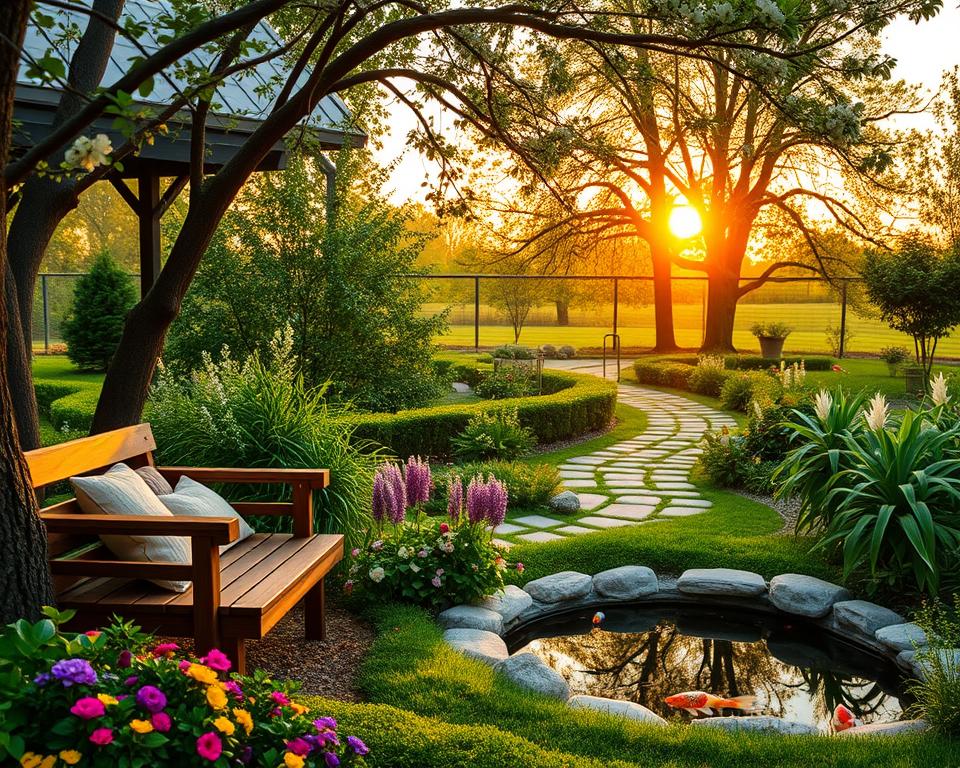 A serene garden retreat designed for families, featuring a cozy wooden bench nestled under a flowering tree, surrounded by lush greenery. In the foreground, soft cushions lie on the bench, while small flowering plants in vibrant colors adorn the edges. The middle ground showcases a gentle, winding path leading to a small pond, where cheerful frogs and colorful koi fish can be seen. The background includes a picturesque sunset casting warm golden light through the trees, creating a calming atmosphere. This scene should be depicted from a slightly elevated angle to capture the inviting layout, with soft focus on the distant trees enhancing the peaceful vibe. Ideal lighting conditions for a tranquil dusk setting should be incorporated, evoking a sense of relaxation and harmony.
