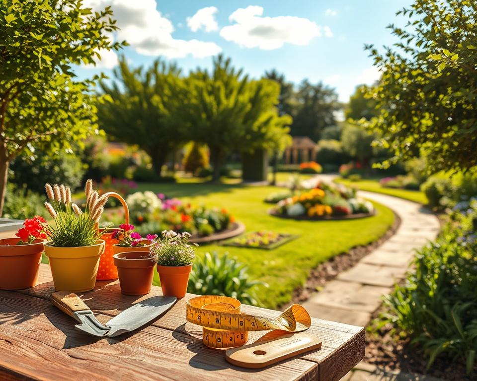 A serene garden scene capturing the essence of sunlight and shade, emphasizing careful planning and analysis. In the foreground, various garden tools like a trowel and measuring tape are neatly arranged on a wooden table beside colorful flower pots. The middle ground features a lush garden with a blend of sunlight-drenched areas and soft shadowy corners created by leafy trees. A curved pathway leads the viewer's eye through the scene. In the background, a clear blue sky is dotted with gentle clouds, enhancing the peaceful atmosphere. The image is illuminated by soft natural light, creating warm highlights and cool shadows, evoking a sense of inspiration and tranquility, ideal for a thoughtful garden planning process.