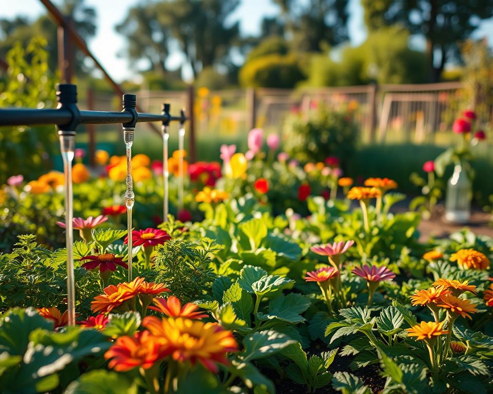 A serene garden scene featuring an efficient drip irrigation system seamlessly integrated among a variety of vibrant plants. In the foreground, close-up views of emitters dripping water onto lush, green foliage and colorful flowers, showcasing the effectiveness of the watering method. In the middle ground, diverse plants including herbs, vegetables, and ornamental flowers are arranged harmoniously, illustrating a mix garden layout. The background reveals a soft-focus view of the garden's perimeter, lined with trees and a clear blue sky. The lighting is warm and inviting, reminiscent of late afternoon sunlight, creating a peaceful and nurturing atmosphere, emphasizing sustainability and plant health.