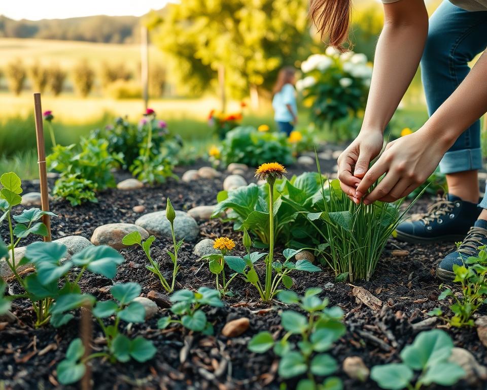 A serene garden scene showcasing a natural approach to weed removal without chemicals. In the foreground, a diverse assortment of healthy plants, flowers, and vegetables thrive in rich, organic soil, with a few visible weeds being manually pulled out by a gardener in modest casual clothing. The middle ground features a neatly arranged garden bed bordered by natural mulch and stones, emphasizing sustainable practices. The background includes a lush, green landscape with trees and blooming shrubs under soft, golden sunlight, creating a warm, inviting atmosphere. The focus is on the gardener’s hands working thoughtfully among the plants, highlighting a methodical and eco-friendly approach. The composition is bright, with balanced natural lighting and a shallow depth of field to draw attention to the act of weeding.